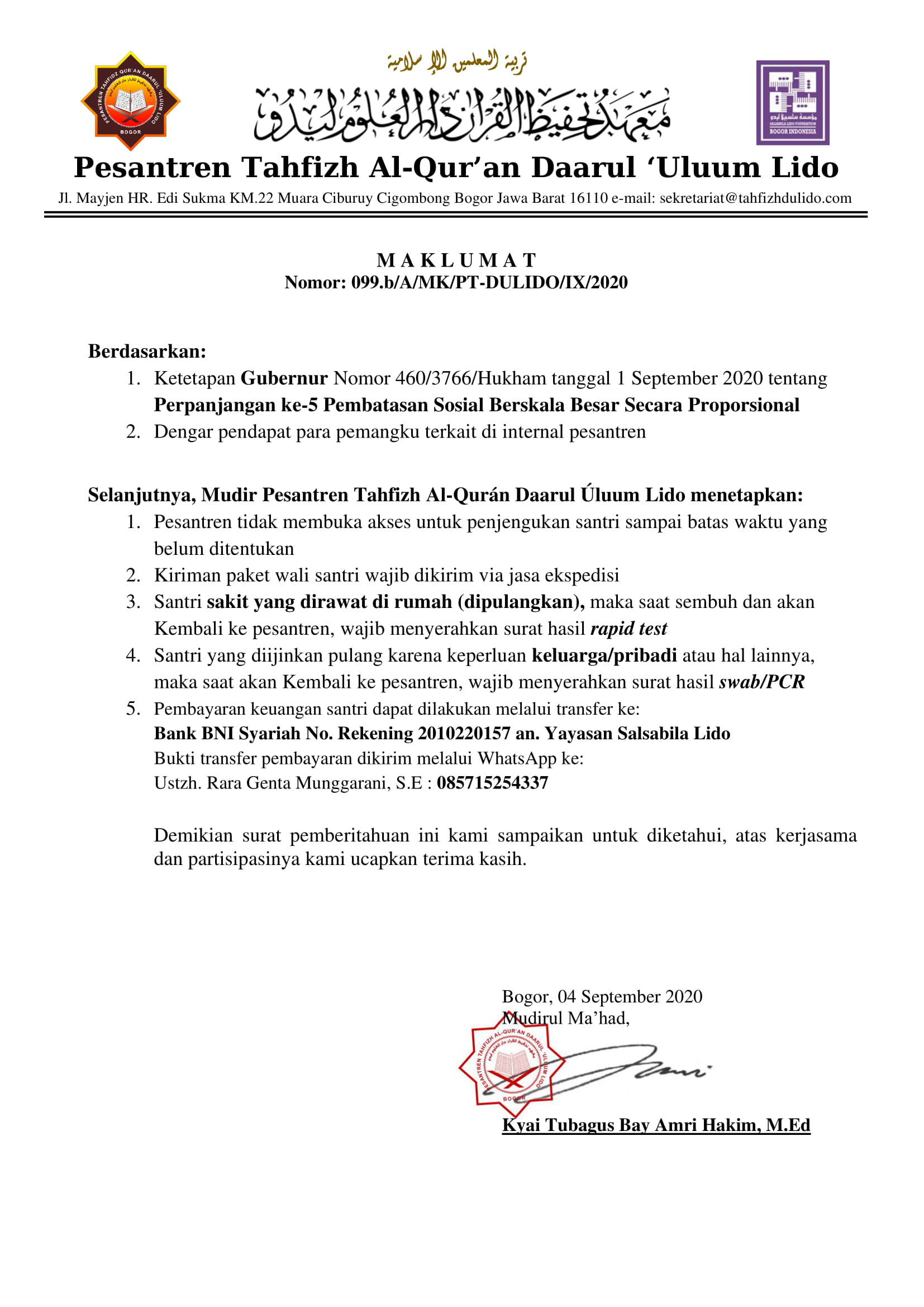 Maklumat Mudir Tahfizh Nomor: 099.b/A/MK/PT-DULIDO/IX/2020