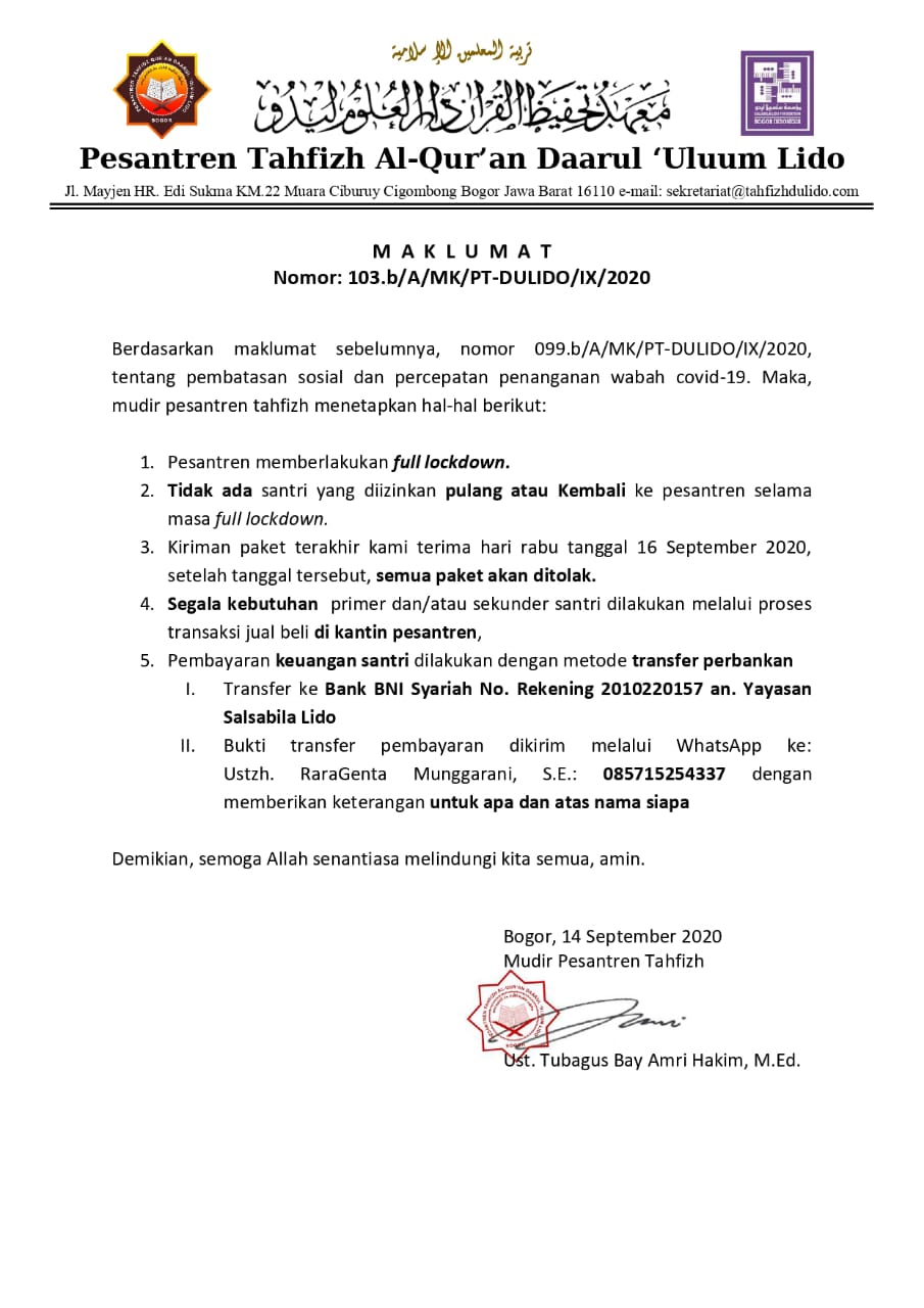 Maklumat Mudir Tahfizh Nomor: 103.b/A/MK/PT-DULIDO/IX/2020