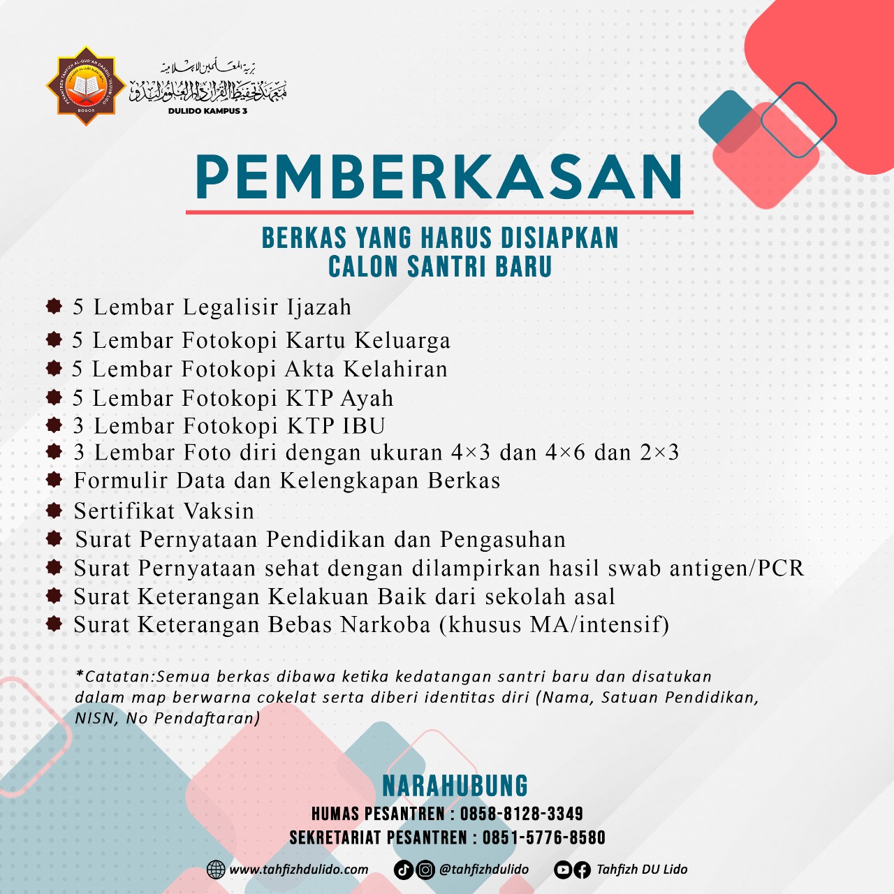 Pemberkasan dan Perlengkapan Calon Santri Baru 2022/2023